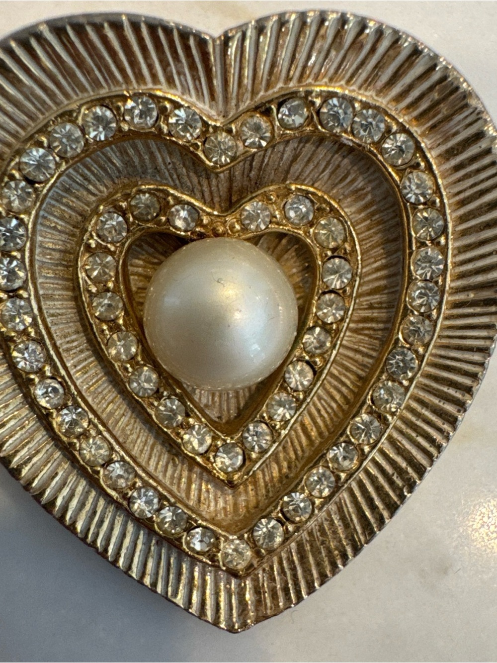 Vintage Gold Heart Brooch Pin with Pearl and Crystals Gold Tone